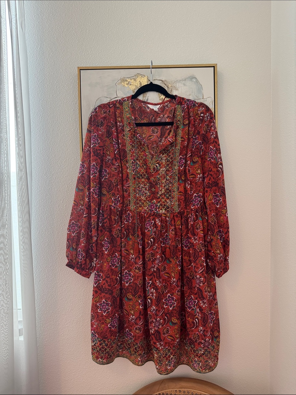 6/14 Time and Tru Red Floral Embroidered Long-Sleeve Tunic Dress